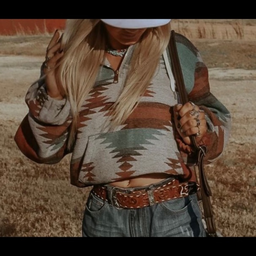 Boho Aztec Half-Zip Cropped Hoodie - Multicolor